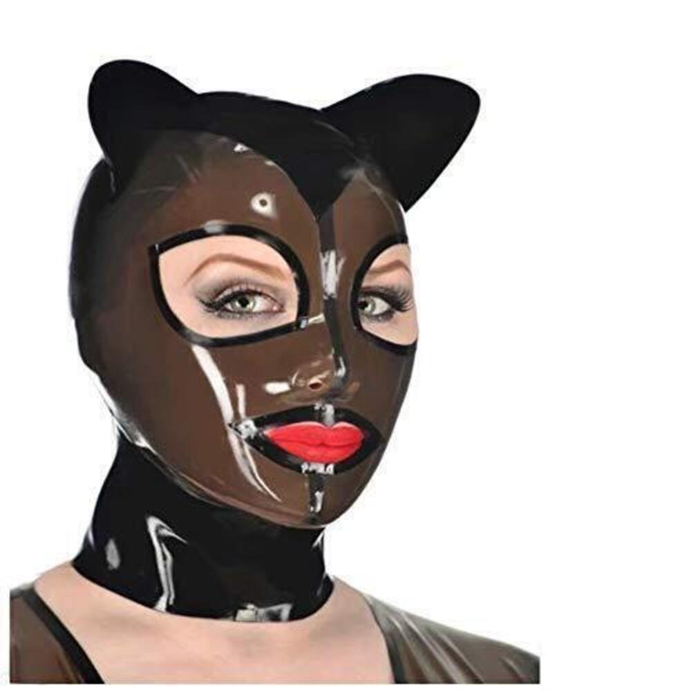 7505 Latex Mask Black Transparent Cat's Ears Hood 0.4mm Man Eyes Mouth Head